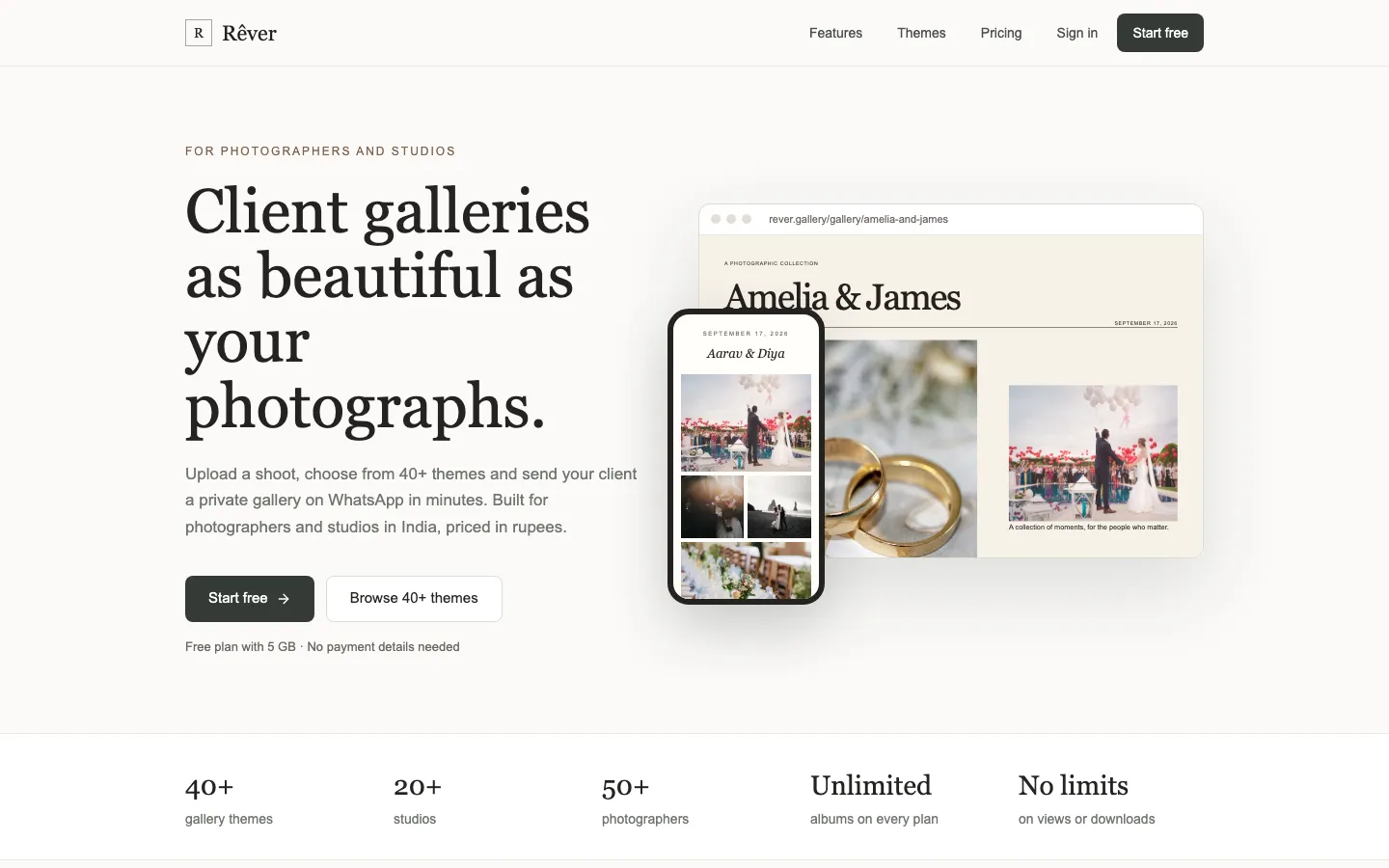 Rêver home page showing a client gallery on desktop and phone