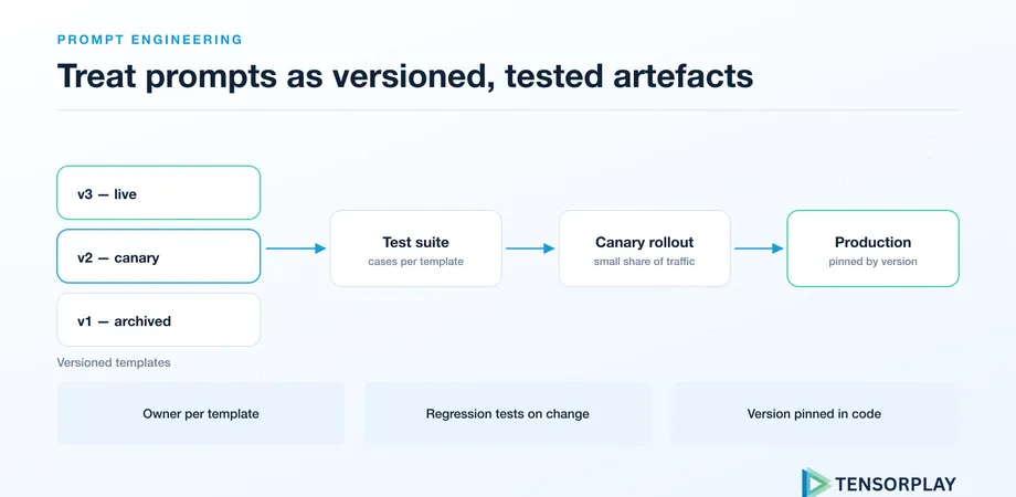 Versioned prompt templates moving through a test suite and canary rollout into production